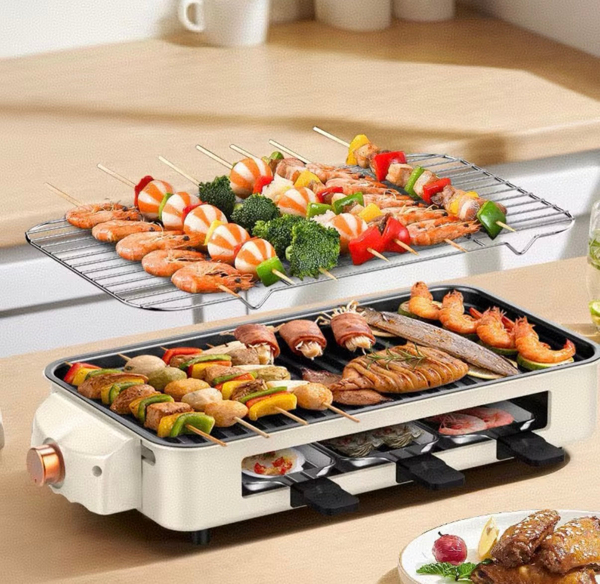 1500W Indoor Electric Smokeless BBQ Grill with Non-Stick Coating Stainless Steel Grilling Universal Griddle for Home Korean BBQ Multi-Function Cooking